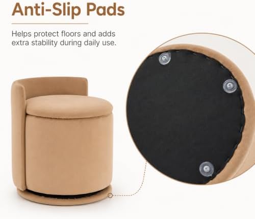 360° Swivel Makeup Chair with Storage, Upholstered Accent Stool with Back, Round Vanity Stool Ottoman for Living Room, Makeup Room, Bedroom (Khaki)
