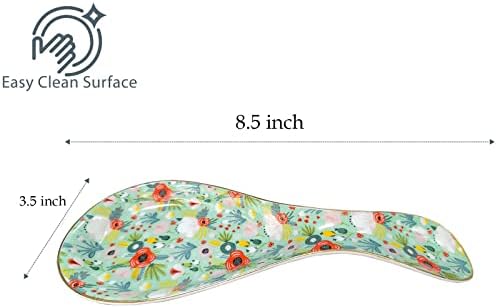 Ceramic Spoon Rest for Stove Top Kitchen Counter Large Spoon Holder Farmhouse Floral Flowers Print Coffee Spoon Cooking Utensil Tools Rest Modern Kitchen Decor