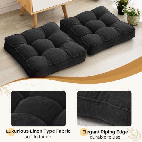 MIDDLE ONE Floor Pillow Set of 2, Memory Foam Cushion 22x22 – Square, Black