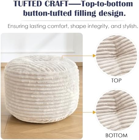 SHOUREN Stuffed Round Ottoman,Pouf Ottoman Foot Rest,18 X 14,Beige