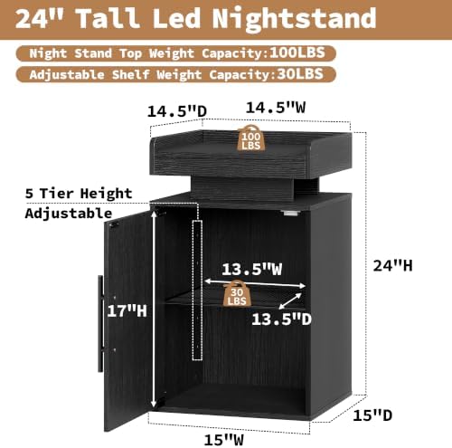 Baoz Black LED Nightstand with Door, Modern Bedside Table for Bedroom