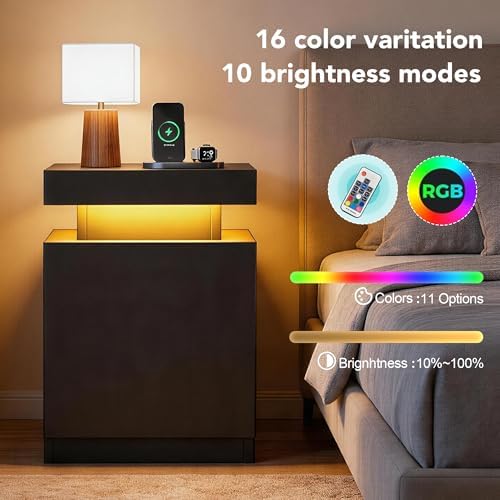 Nightstands Set of 2, 17.7 Inches LED Night Stand Set 2 with Power Outlets, Bedside Table with Sliding Top Storage, Modern End Table for Bedroom, Black