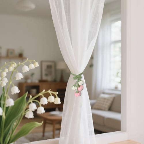 Flower Curtain Tiebacks, 4pcs Lily-of-The-Valley Curtains Holdbacks, Cute Curtain Holdbacks - No Drill Rope Holder, Drape Knitting Handmade for Nursery&Children's Room Decor (Pinkish/White)