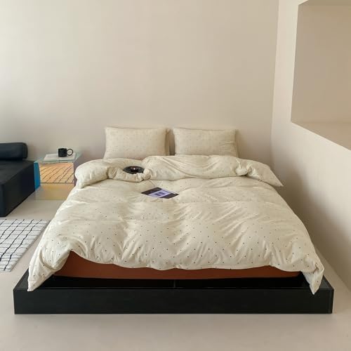 Polka Dot Full Duvet Cover, 3 Piece 100% Cotton Jersey Knit Beige Comforter Cover, Soft Vintage Aesthetic Minimalist Bedding Set with Zipper & Corner Ties