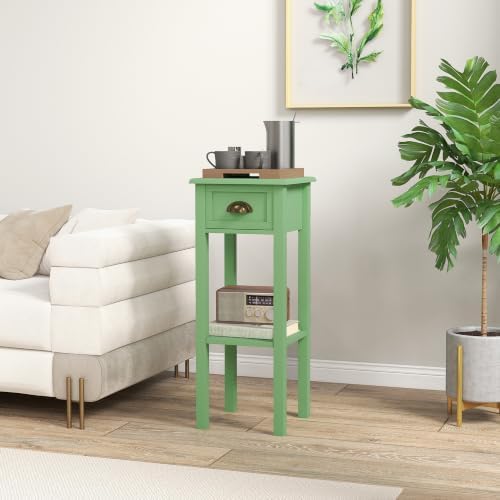 HOMCOM Narrow End Table with Drawer and Bottom Shelf Set of 1 Green