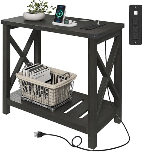 Hadulcet Farmhouse Side Table with Charging Station - Narrow Bedside Table for Small Space, Slim End Table, Rustic X-Design Nightstand for Living Room, Bedroom, Classic Black