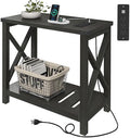 Hadulcet Farmhouse Side Table with Charging Station - Narrow Bedside Table for Small Space, Slim End Table, Rustic X-Design Nightstand for Living Room, Bedroom, Classic Black