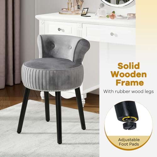 CHARMAID Velvet Vanity Chair for Bedroom, Elegant Accent Chair with Tufted Low Back, Solid Wood Legs, Upholstered Seat, Modern Makeup Stool for Dressing Room, Home Office (Gray & Black)
