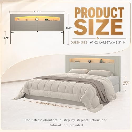Queen Size Wooden Headboard Only with Storage (Off-White, Queen)