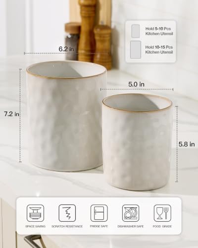 famiware Ceramic Utensil Holder, 7.2"+5.8", Set of 2, Cappuccino White