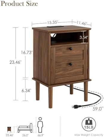 Nightstand with Charging Station, Boho Night Stand with 1 Drawer, Modern Side Accent Table with Open Shelf, Wooden Top Bedside End Table for Bedroom, Living Room, Walnut
