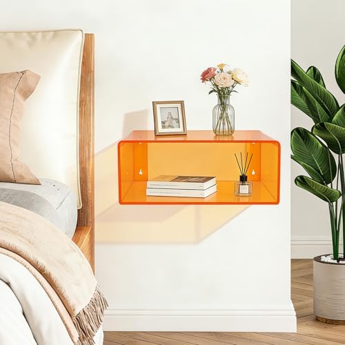 Acrylic Wall-Mounted Nightstand Floating Wall Nightstand Bedside Table Floating Side Table Wall Mounted Clear Shelf for Bedroom Bathroom (Orange)