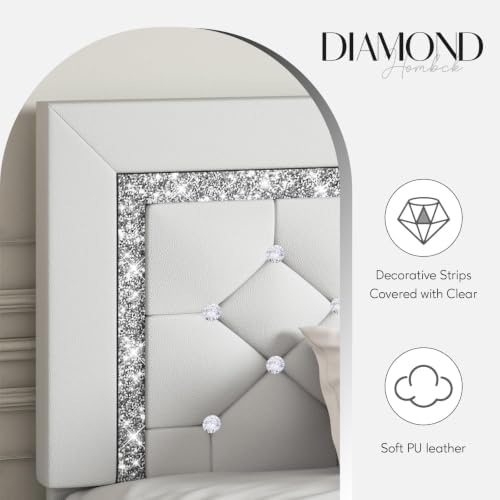 HOMBCK Full Size Bed Frame with Headboard, Diamond Tufted Design, White