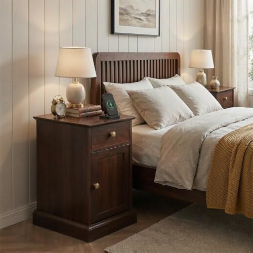 WLIVE Nightstand with Charging Station, Wood Bedside Table with Drawer and Storage Cabinet, Narrow End Tables with Hidden 2 USB Ports and 2 Outlets, Side Table for Bedroom, Espresso
