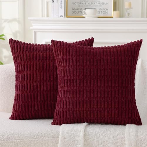 2 Pack Corduroy Decorative Throw Pillow with Inserts, 18x18 Inch Soft Boho Throw Pillow, Square Striped Throw Pillows for Couch, Bed, Sofa Decor (Burgundy)