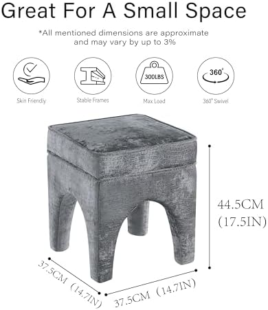 Get Set Style Upholstered Textured Woven Accent Stool, Arched Solid Wood Leg Ottoman Foot Rest, Square Decorative Bench for Living Room Entryway Bedroom (Charcoal)