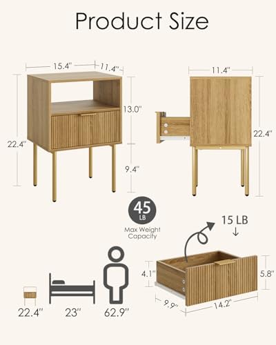 Aienvey Nightstand with One Drawer, Oak Stripe Night Stand and Gold Frame