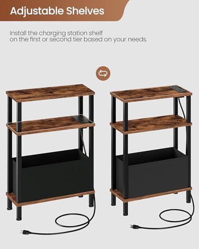 CHOEZON Set of 2 End Tables with Charging Station, Narrow Side Table for Small Spaces, Slim Nightstand with Basket, Skinny Bedside Table, for Living Room, Bedroom, Rustic Brown and Black TBZ07UP2BF