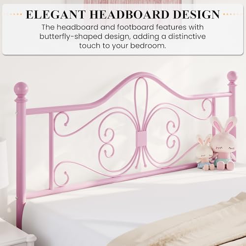 SHA CERLIN Full Size Metal Bed Frame with Butterfly Headboard, Pink