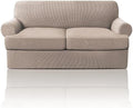 PrinceDeco T Cushion Loveseat Slipcover 3 Pieces Sofa Covers for T Cushion Sofa Stretch Slip Covers for 2 Cushion Couch with 2 Individual T Shape Seat Covers Width Up to 76" - Washable, Sand