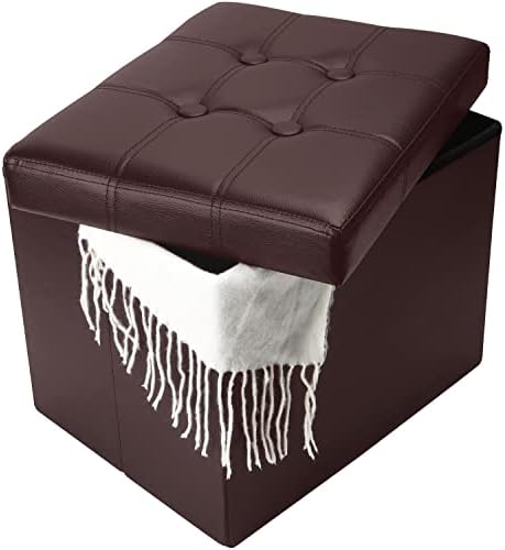Bsketa Storage Ottoman Bench,17 Inch Folding Leather Foot Rest Stool,Brown