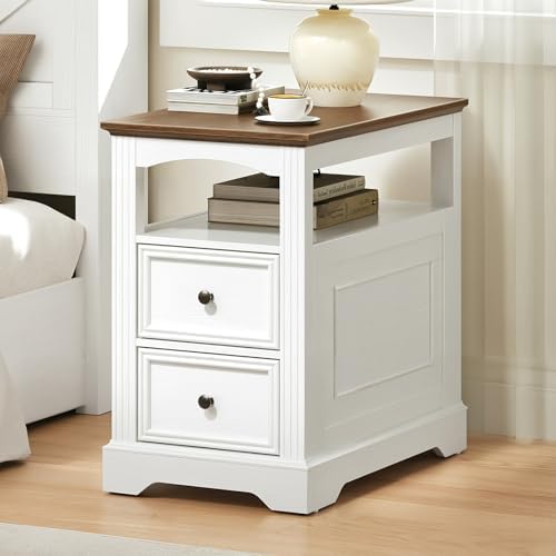 RALGEND Farmhouse End Table with 2 Drawers and Open Shelf, White and Walnut