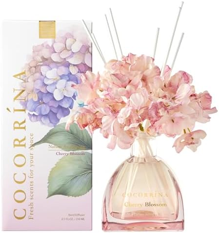 COCORRÍNA Reed Diffuser - 8.5 Oz Cherry Blossom Reed Diffuser with 8 Sticks for Home Bathroom Shelf Decor (Simple Luxe Collection)