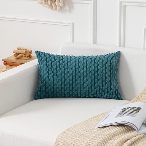 Kevin Textile Soft Corduroy 12"x20" Lumbar Pillow Covers 2 Pack, Teal Blue