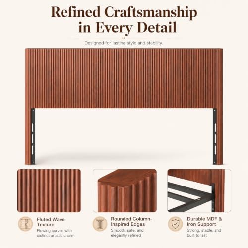 Boho Queen Size Fluted Headboard Only with Arched Corrugated, Walnut