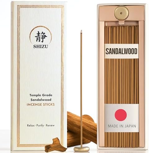 Shizu Sandalwood Incense Sticks – Artisanal Temple Grade Japanese Incense with Brass Holder – Subtle, Calming Scent for Relaxation, Meditation & Home Spa, Elegant Gift Set (60 Sticks)