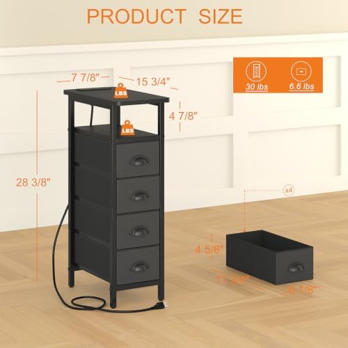 sthmec Side Table with Charging Station, Narrow End Table with 4 Drawers, Small Nightstands with Fabric Drawers,Slim Sofa Couch Side Tables for Small Spaces,Living Room,Bedroom, Black