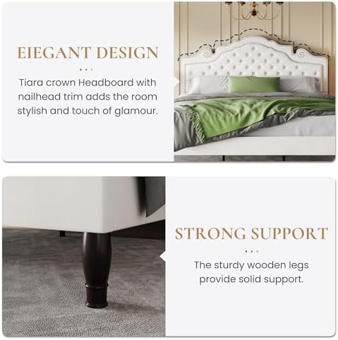 SHA CERLIN King Size Bed Frame with Adjustable Headboard/Velvet Upholstered/Diamond Button Tufted and Metal Studs/No Box Spring Needed/Sturdy Wood Slat Support/Easy Assembly/White