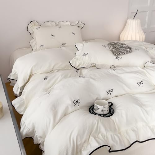 Bow Embroidery Twin Duvet Cover 3Pcs Vintage Ruffled Bedding, Zipper & Ties