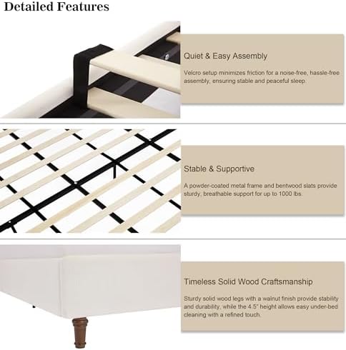 54" Tall Headboard Upholstered Platform Bed Frame with Wingback, Modern Farmhouse & Mid-Century Tufted Fabric Bed with Solid Wood Legs, Heavy Duty 1000 lbs Support, No Box Spring Needed, Easy Assembly