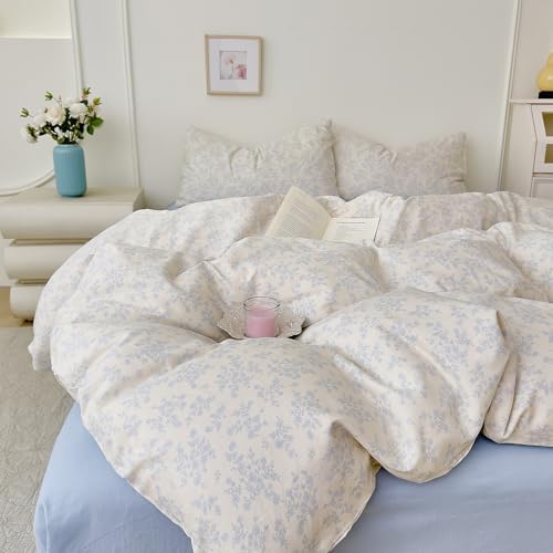 Blue Floral Duvet Cover Set King Size 3PCS Cotton Double-Layer Gauze Comforter Cover and 2 Pillowcases Soft Breathable Aesthetic Bedding Duvet Cover for Kids Adults Chic Floral Print Duvet Protector
