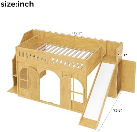 LUMISOL Full Size Wood Loft Bed with Slide and Storage Staircase, Solid Wood Playhouse Loft Bed with Wardrobe and Window, Natural