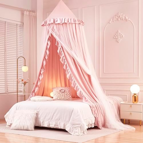 Mengersi Bed Canopy for Girls,Princess Round Dome Canopy Bed Curtains-Dreamy Mosquito Net Castle Play Tent Castle for Girls Room Decor (Beige Pink/Double)