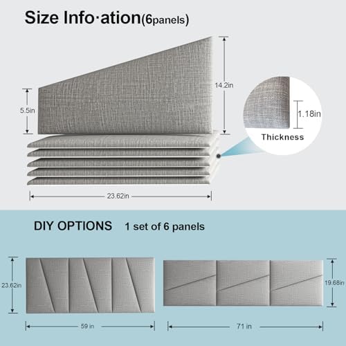 Peel and Stick Headboard for Queen Bed Linen Fabric Upholstered Wall Mounted Headboard - Wall Padding Panel in Light Grey for Bedroom/Living Room/Dorm (6 Panels)