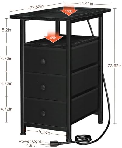 LOAKEKEL Narrow Side Table, Small End Table with Charging Station