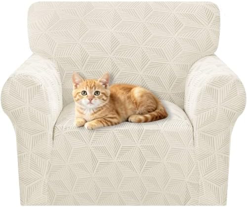 ZNSAYOTX Stretch Chair Cover, 1 Piece Couch Covers for 1 Seat Sofa, Jacquard Armchair Slipcovers with Elastic Bottom Thickened Furniture Protector for Dog Cat Pet (Small, Beige)