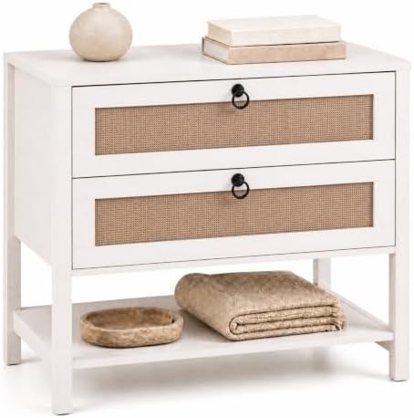 GIANTEX Rattan Nightstand with 2 Drawers, 27" Wide Boho Bedside Table