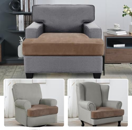 H.VERSAILTEX Stretch Velvet T Cushion Chair Covers for Living Room Armchair Sofa Cover Couch Cover Slipcover T Cushion Seat Cover Stay with Elastic Bands(Armchair, Camel)