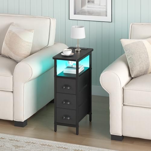shtmec Narrow End Table Set of 2 with Charging Station, LED Side Tables Set 2 with Fabric Drawers, Small Bedside Tables Nightstands for Small Space, Slim Sofa Couch Table for Livingroom,Black