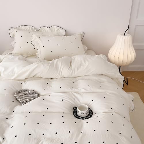 Polka Dot Twin Duvet Cover Set Off White Embroidered Twin Comforter Cover Soft Ruffled Washed Brushed Microfiber Zipper Duvet Cover Set with Pillow Cases Teen Girl Bedding Cream Duvet Protector