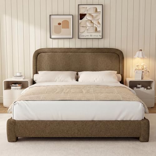 WEUP Queen Size Boucle Bed Frame, Upholstered Cloud Bed Frame with Adjustable Headboard, Soft Rounded Corners, No Box Spring Required, Easy Assembly, Coffee