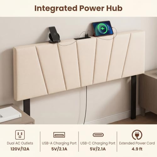KOMFOTT Upholstered Full & Queen Headboard with Charging Station, Beige