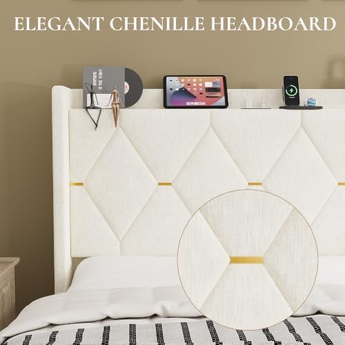 SHA CERLIN Queen Size Bed Frame with Storage Headboard & Charging Station