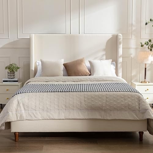 California King 54" Harper Tall Headboard Wingback Upholstered Bed Frame Platform Beds Elegant Simplicity for Bedroom Strong Wood Slats Support No Box Spring Needed No Noise Ivory Boucle