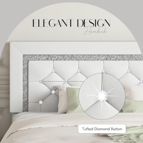 King Bed Frame with Diamond Headboard, Upholstered Platform Bed, White