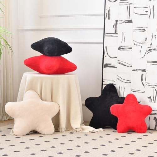 Star Pillow, Decorative Throw Pillows for Bed Couch, 15" Star Shaped Pillow Plush Floor Cushions Room Decor Pillow with Faux Rabbit Fur for Sofa Bedroom Living Room (Black, 15" x 15")